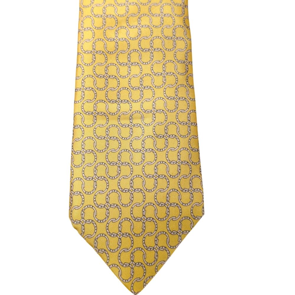 Vintage Hermès 100% Silk Men's Yellow Tie With Tan Geometric Designs